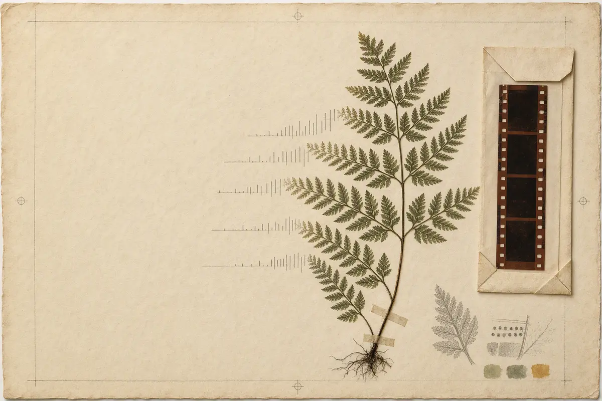 Archival botanical plate with a pressed fern, timestamp tick marks, and an intact photographic negative